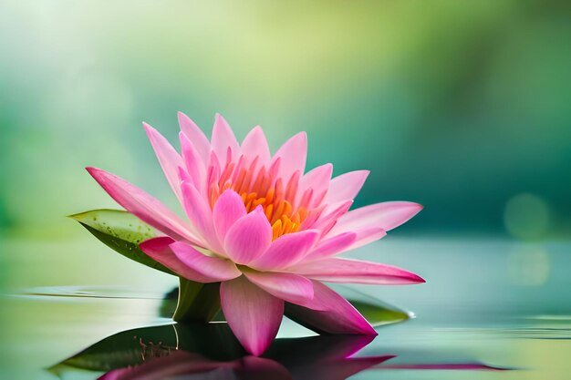 A pink water lily with a green background