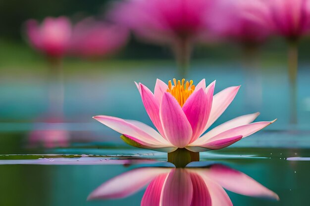 Pink water lily with the reflection of the flowers in the water