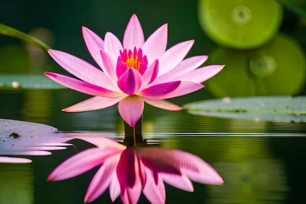 a pink water lily with the reflection of the leaves in the water.