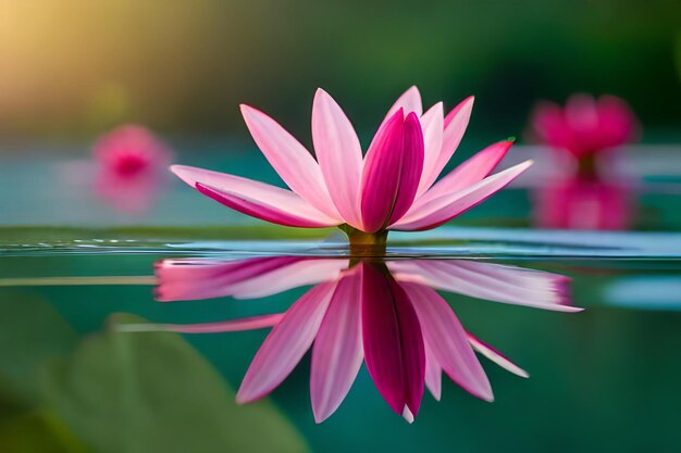 A pink water lily with the sun behind it