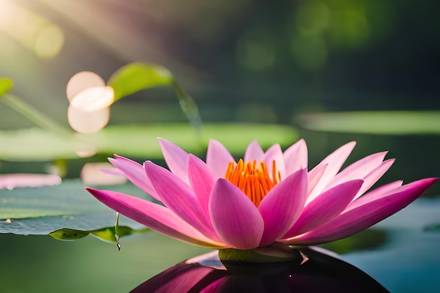 pink water lily with the sun behind it