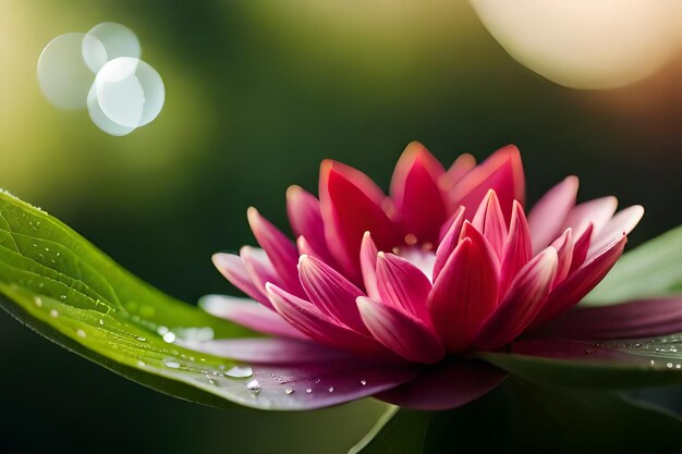 a pink water lily with the sun shining through the leaves.