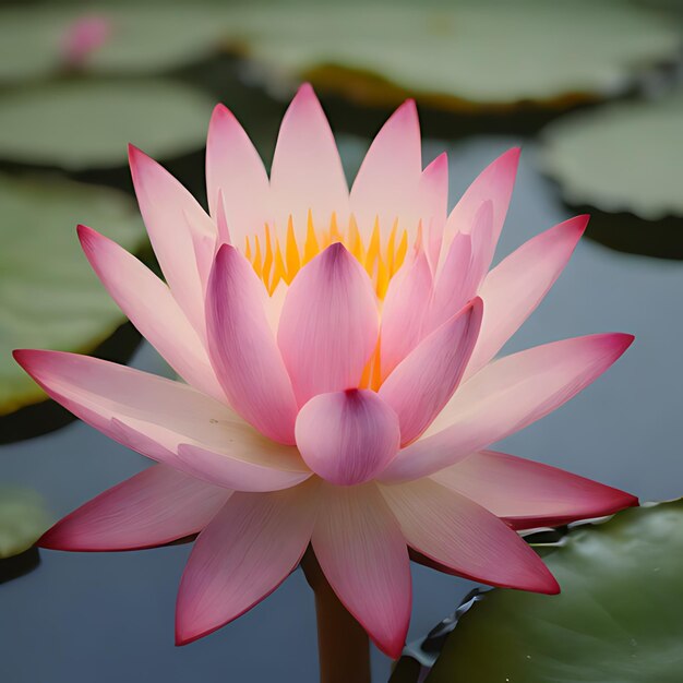 a pink water lily with the yellow center and the yellow center