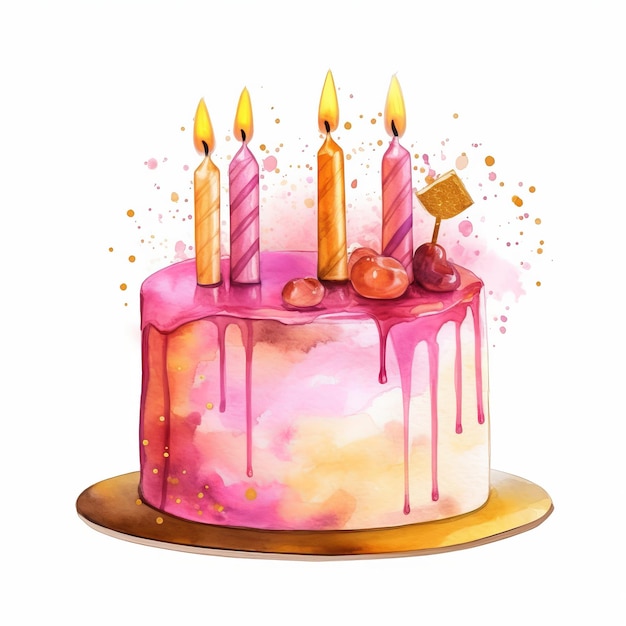 Pink watercolor birthday cake Illustration AI GenerativexA