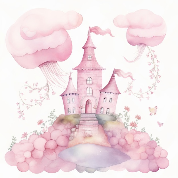 Pink Watercolor Castle Isolated Illustration AI GenerativexA