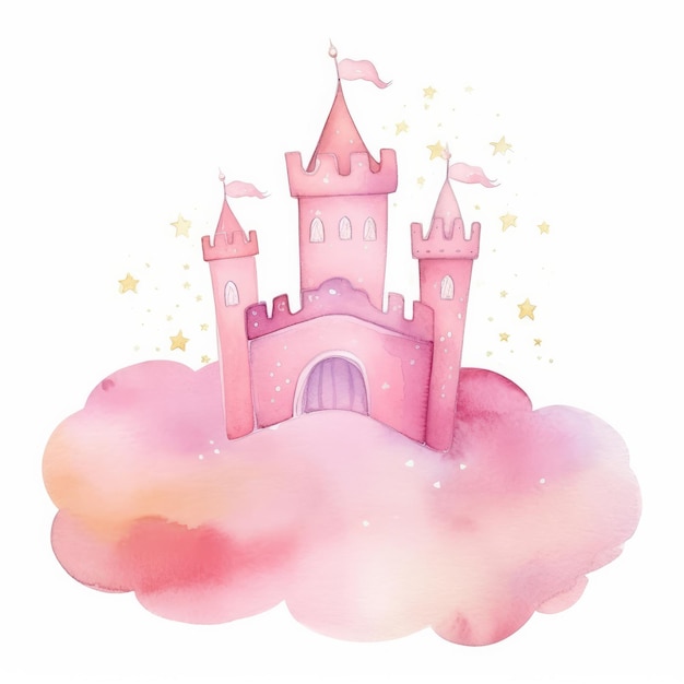 Pink Watercolor Castle Isolated Illustration AI GenerativexA