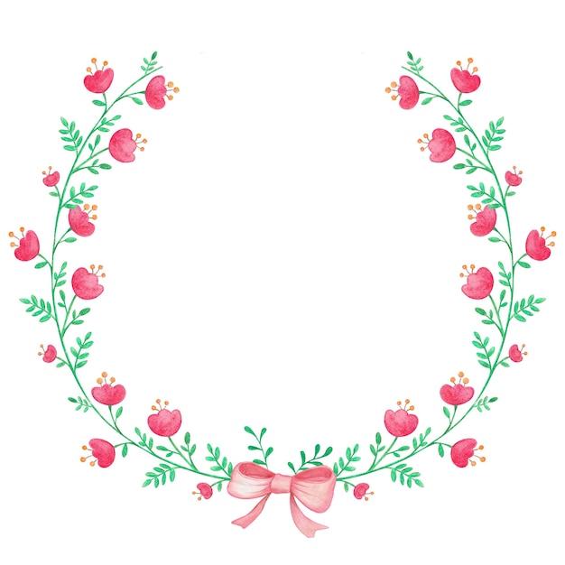 Pink watercolor floral frame with ribbon