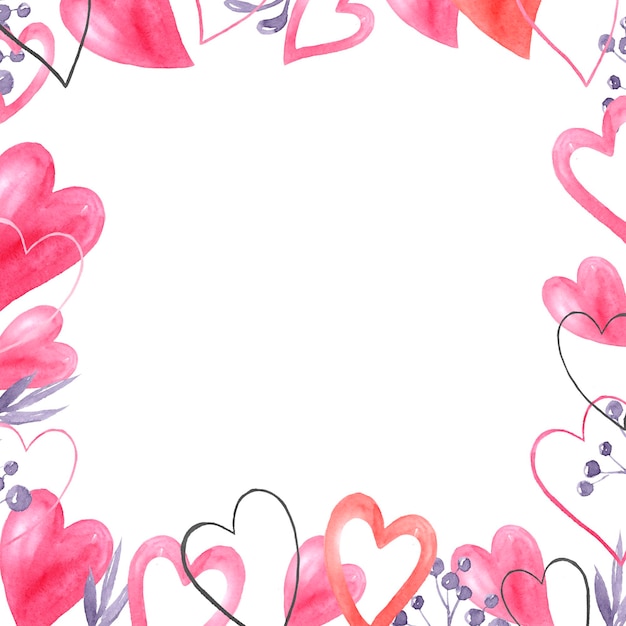 Pink watercolor hearts on a white background Hand drawn illustration for Women's Mother's and Valentine's Day Frame with free space for text