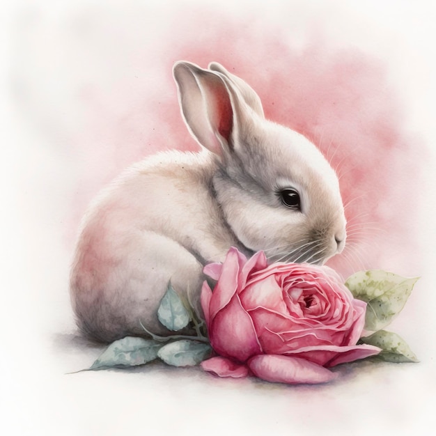 pink watercolor painting of small bunny rabbit