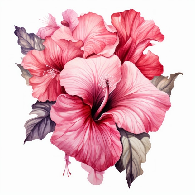 Pink watercolour hawaiian tropical hibiscus summer flower illustration on white background