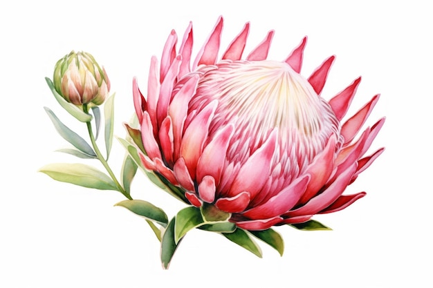 Pink watercolour protea Christmas winter flower illustration on white background. Floral blossom holiday concept
