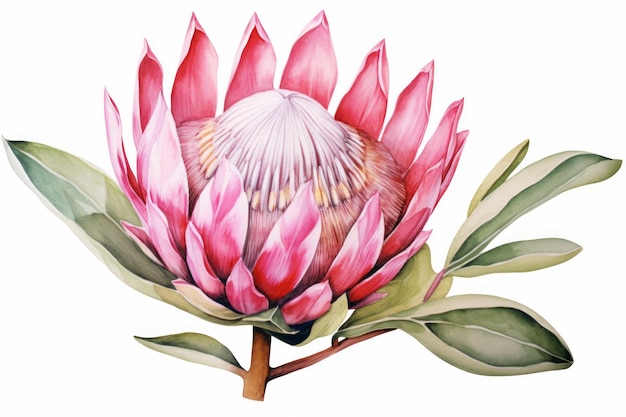 Pink watercolour protea xmas flower illustration on white background Floral blossom holiday concept
