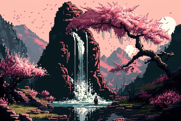 A pink waterfall with a tree in the foreground.