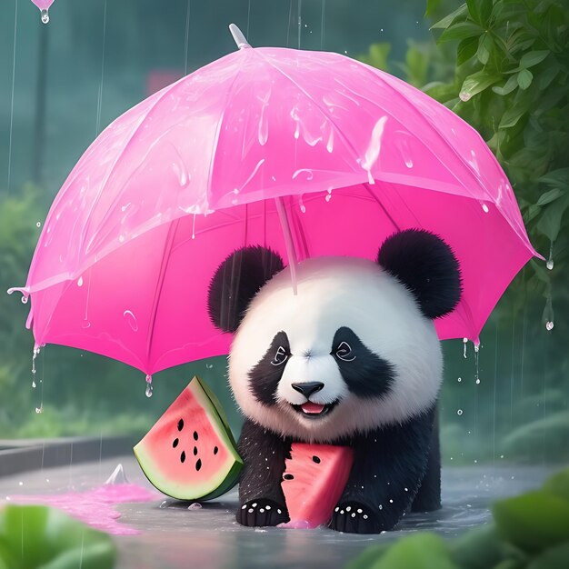 Foto pioggia di anguria rosa e simpatico panda