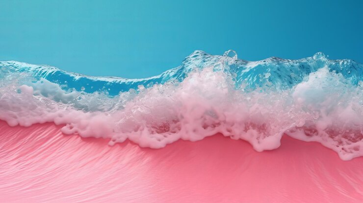 A pink wave is crashing on a blue background.