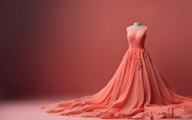 A pink wedding dress with a long train and a long train