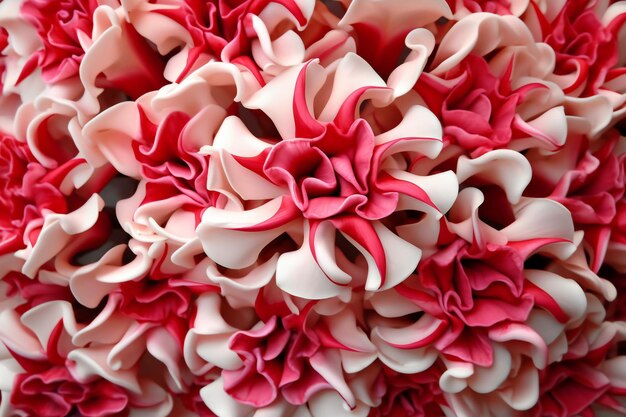 Pink and white artificial flowers for wedding background top view copy space