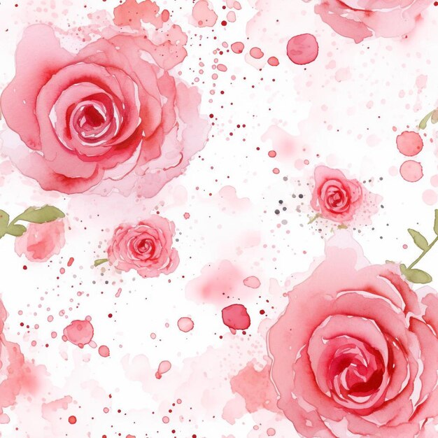 A pink and white background with pink roses and green leaves.