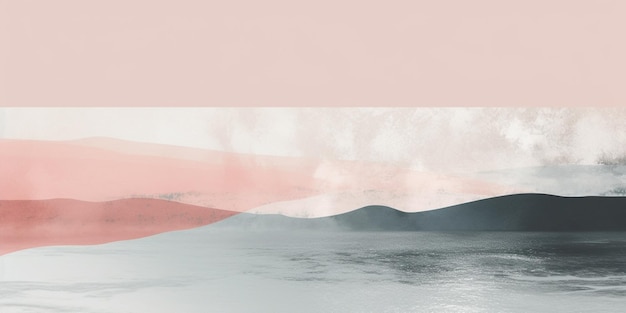 Розово-белый фон с красно-белым изображением водоема и неба с облаками.