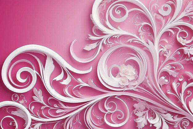 A pink and white background with a swirly design