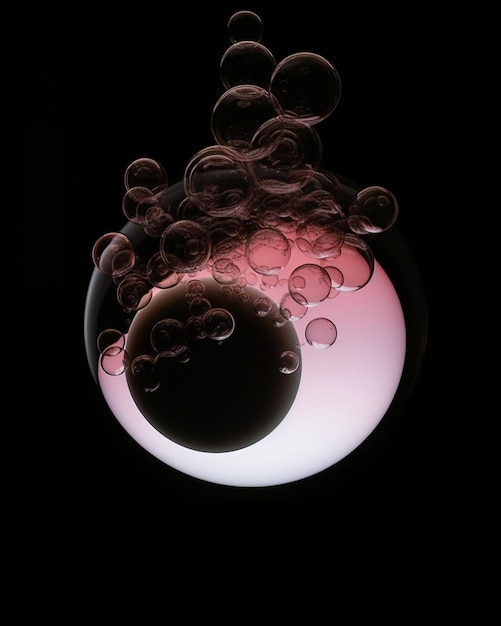 A pink and white ball of bubbles is in the dark.