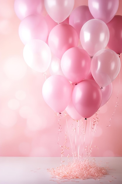 Photo pink and white balloons and confetti on a pastel pink background