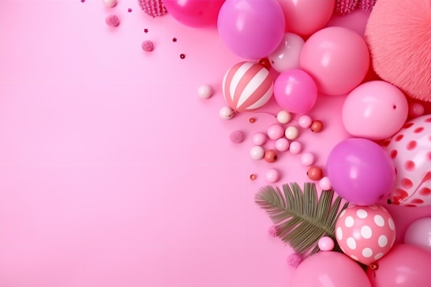 Pink and white balloons on a pink background with a palm leaf