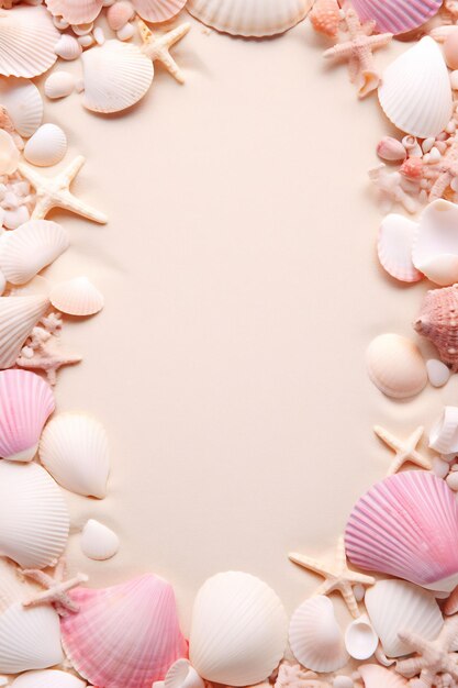 a pink and white beach themed cake with shells and seashells