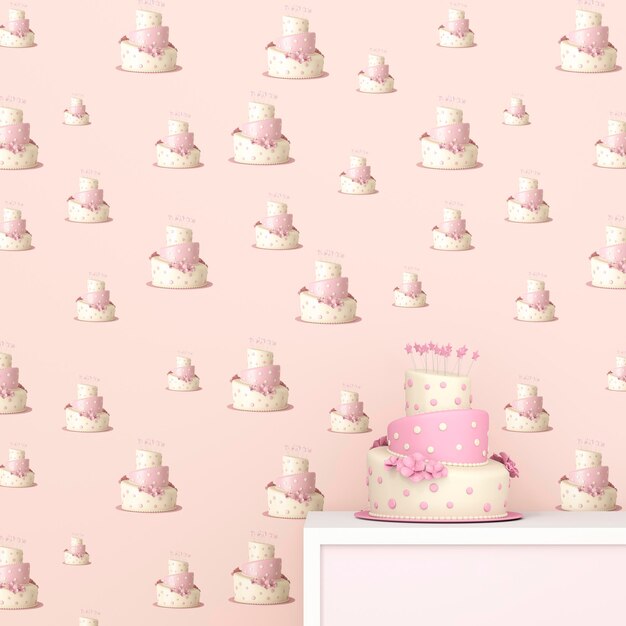 Premium Photo | Pink and white birthday cake in front of wallpaper with