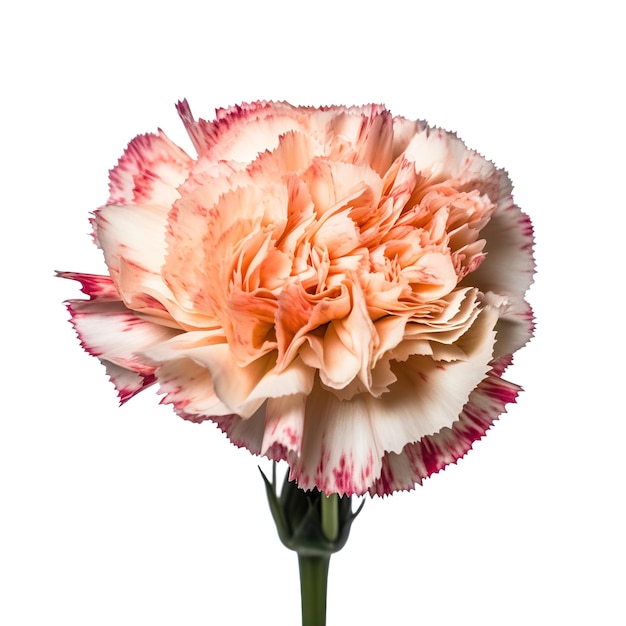 A pink and white carnation with a green stem and a white flower.