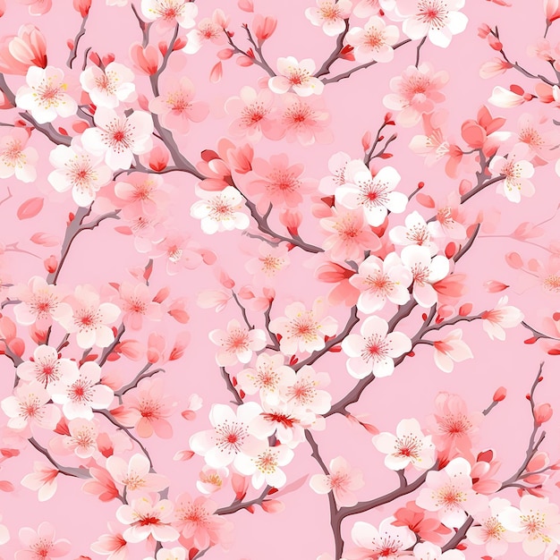 Pink and white cherry blossom pattern on a pink background