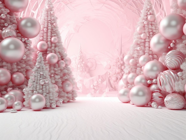 Pink and white christmas trees in a snowy forest