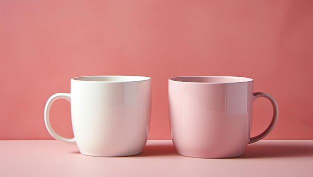 pink and white coffee mugs on a pink surface