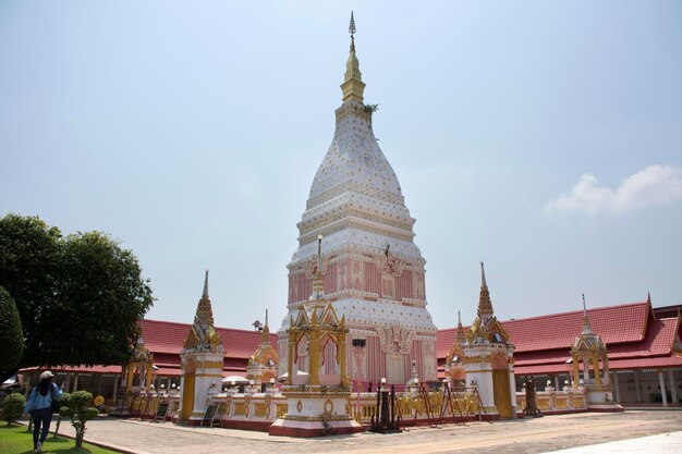 Pink and white color pagoda or stupa of Wat Phra That Renu Nakhon temple for foreign traveler and thai people travel visit and respect praying buddha and buddha's relics in Nakhon Phanom Thailand