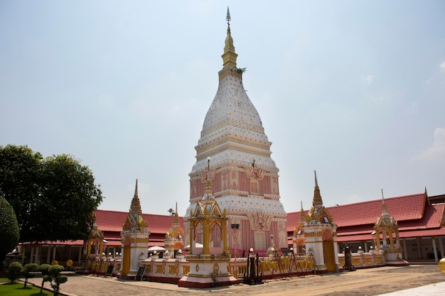 외국인 여행자와 태국인을 위한 왓 프라 탓 레누 나콘 사원의 분홍색과 흰색 탑 또는 스투파는 태국 나콘파놈에 있는 기도하는 부처와 부처의 유물을 방문하고 존경합니다.