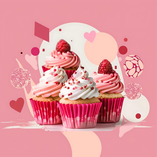 Photo a pink and white cupcakes with pink frosting and hearts on the top