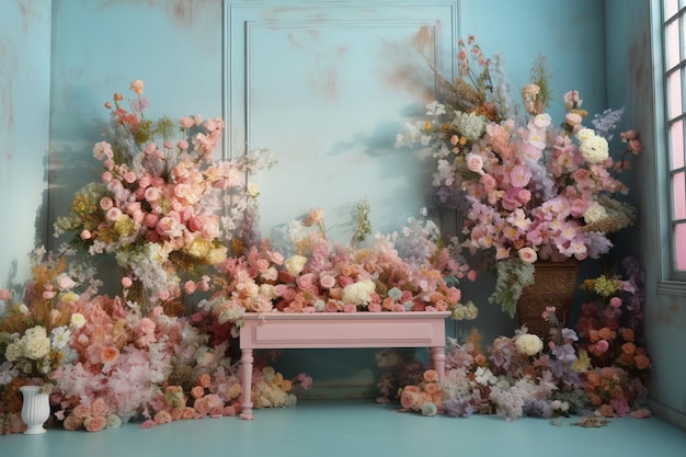 A pink and white floral arrangement sits in front of a blue wall.