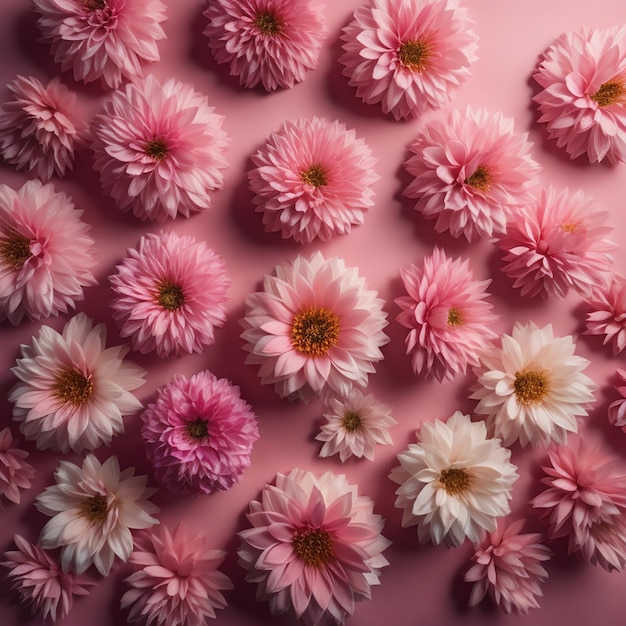 분홍색과 흰색 꽃이 분홍색 표면에 놓여 있습니다.