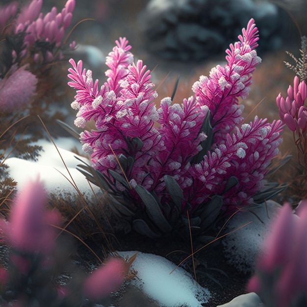 A pink and white flower is in a snowy landscape.