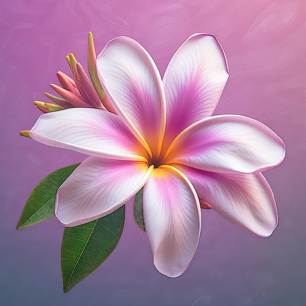 A pink and white flower with a green leaf on it.