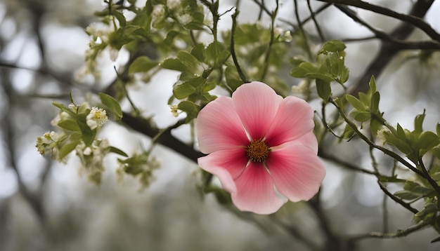 a pink and white flower with the word  spring  on it