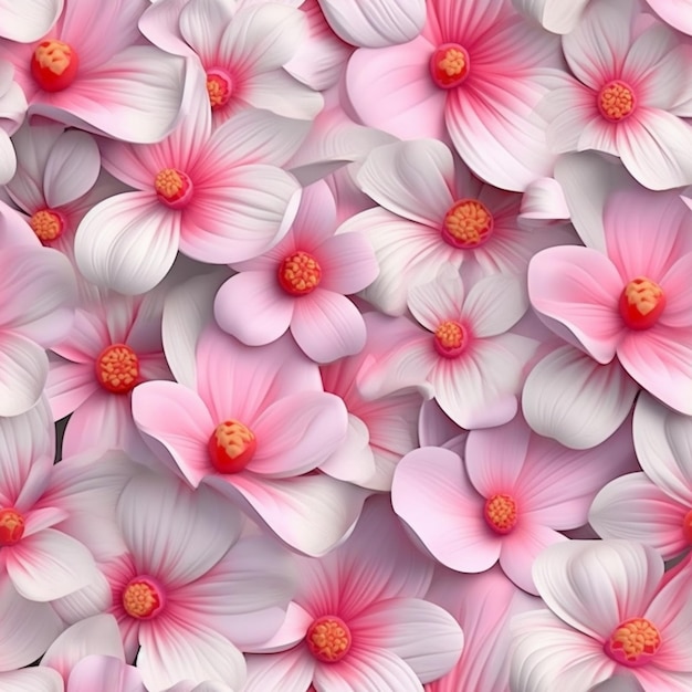 Pink and white flowers are arranged in a pattern on a wall generative ai