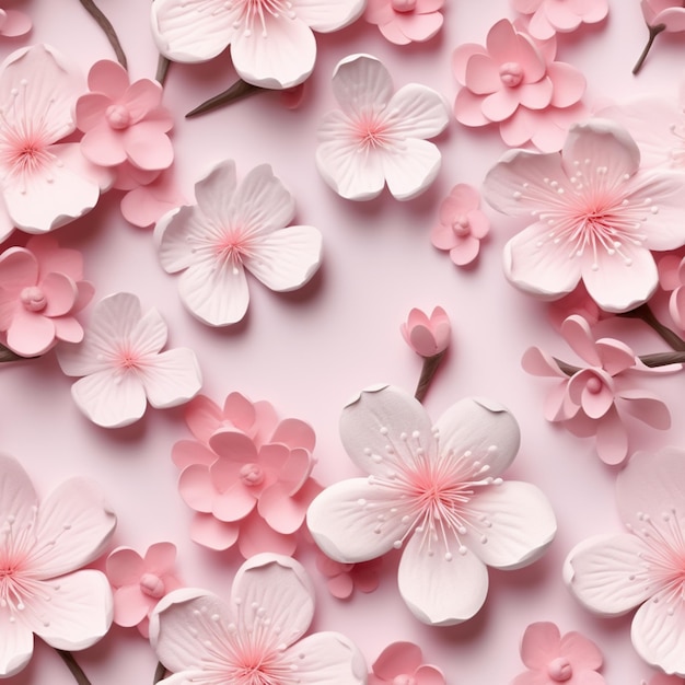 Pink and white flowers are arranged on a pink surface generative ai