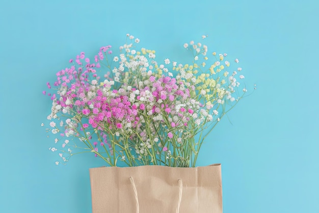 Pink and white flowers in a brown paper bag on a blue background