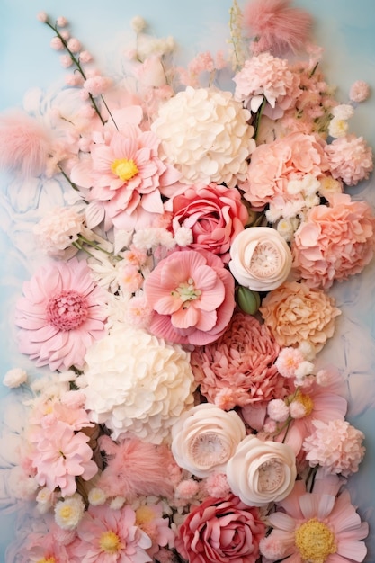 Photo pink and white flowers of various types arranged together