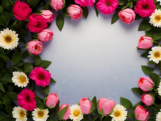 Pink and white flowers with leaves on grey background