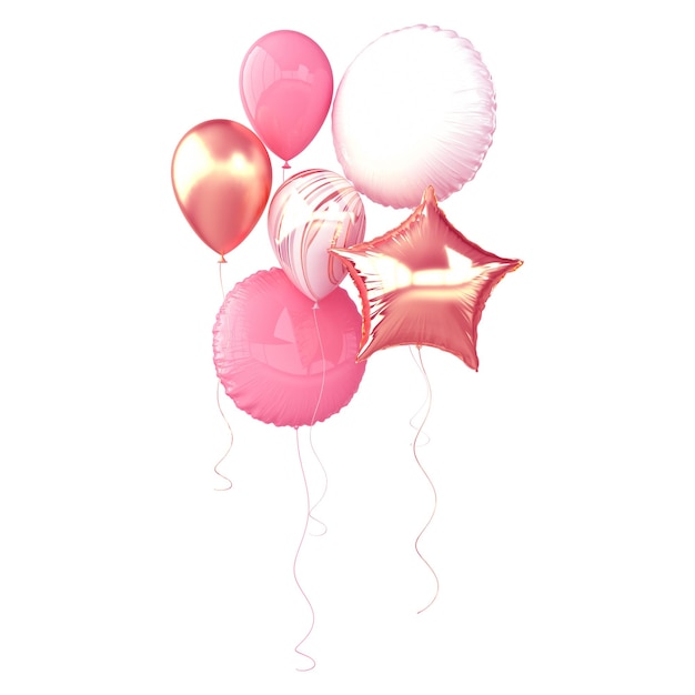 Palloncini in lamina rosa e bianco isolati su sfondo bianco elemento di rendering 3d per la festa di compleanno