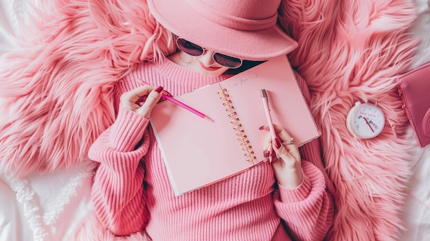 Pink white grey Bible flat lay with black tea pink roses colorful Bible pen and a woman s hand