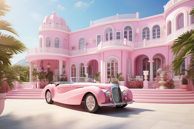 a pink and white home with a car in front in the style of cinematic sets hyperrealistic pop