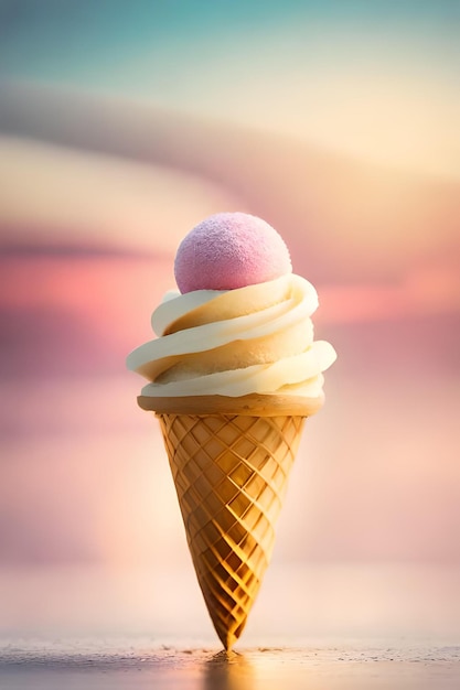 A pink and white ice cream cone with a pink bubble on top.